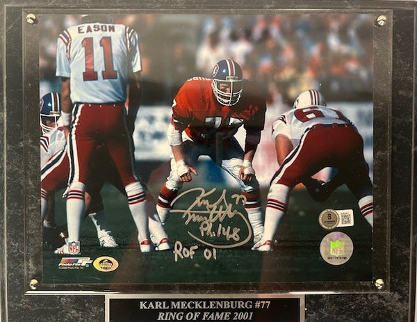 Karl Mecklenburg Autographed 8x10 Photo with Plaque -- Denver Broncos BAS COA