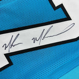 Framed Autographed/Signed Muhsin Muhammad 33x42 Carolina Blue Jersey BAS COA