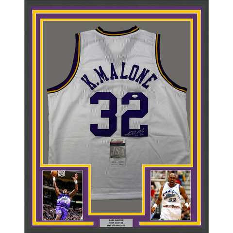Framed Autographed/Signed Karl Malone 33x42 Utah White Retro Basketball Jersey J