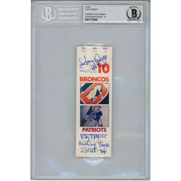 Tony Dorsett Signed Denver Broncos 12/17/88 Ticket Stub 2 Insc. Beckett 49998