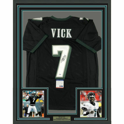 FRAMED Autographed/Signed MICHAEL VICK 33x42 Philadelphia Black Jersey PSA COA