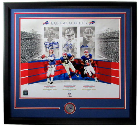 Jim Kelly/Thurman Thomas/A Reed HOF Bills Signed 16x20 Photo Framed JSA 158846
