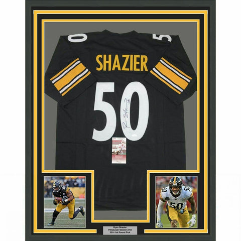 FRAMED Autographed/Signed RYAN SHAZIER 33x42 Pittsburgh Black Jersey JSA COA