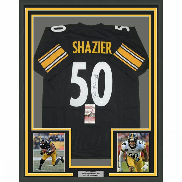 FRAMED Autographed/Signed RYAN SHAZIER 33x42 Pittsburgh Black Jersey JSA COA