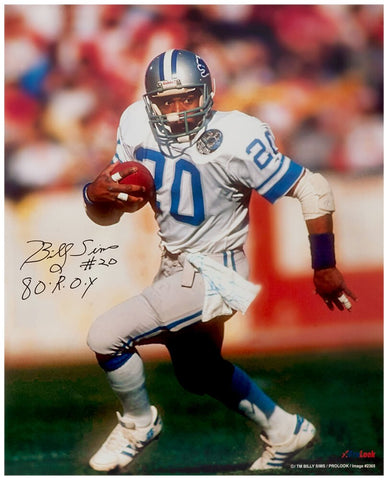 Billy Sims Signed Lions White Jersey Running 16x20 Photo w/80 ROY (SCHWARTZ COA)
