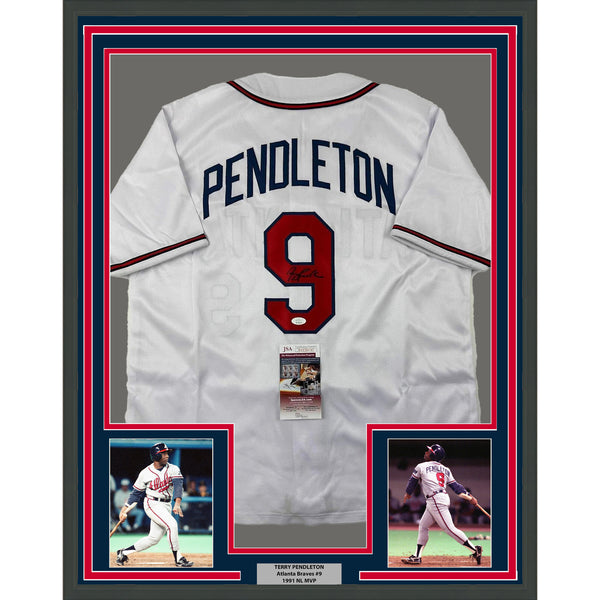 Framed Autographed/Signed Terry Pendleton 33x42 Atlanta White Jersey JSA COA