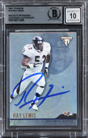 Ravens Ray Lewis Signed 2001 Titanium #15 Card Auto Graded Mint 10! BAS Slabbed