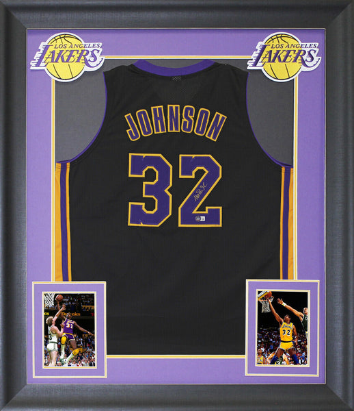 Magic Johnson Signed Black Pro Style Framed Jersey w/ Purple #s BAS Witnessed