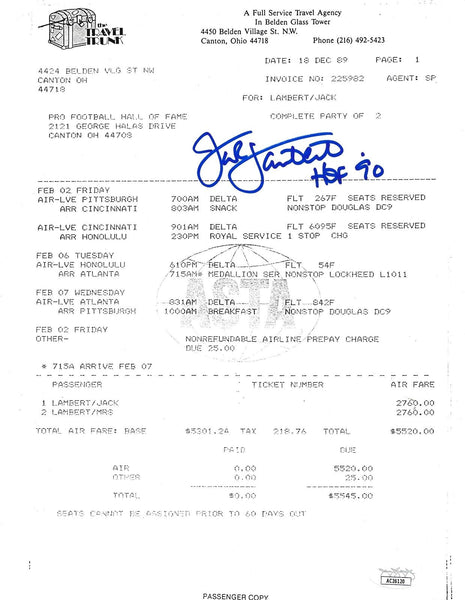 Jack Lambert HOF Autographed Flight Schedule Pittsburgh Steelers JSA