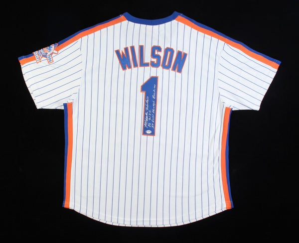 Mookie Wilson Signed New York Mets Jersey Inscribd "It Goes Through Buckner" PSA
