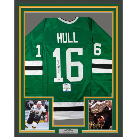 Framed Autographed/Signed Brett Hull 33x42 Dallas Green Hockey Jersey BAS COA