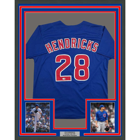 Framed Autographed/Signed Kyle Hendricks 35x39 Chicago Blue Jersey JSA COA
