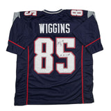 Autographed/Signed Jermaine Wiggins SB 36 Champs New England Blue Jersey JSA COA