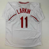 Autographed/Signed Barry Larkin Cincinnati White Jersey Beckett BAS COA