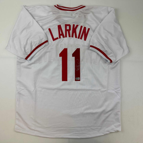 Autographed/Signed Barry Larkin Cincinnati White Jersey Beckett BAS COA