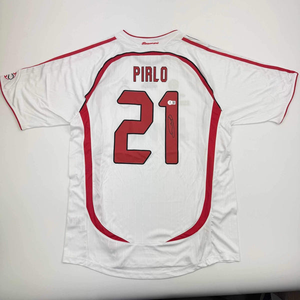 Autographed/Signed Andrea Pirlo AC Milan White Soccer Futbol Jersey Beckett COA