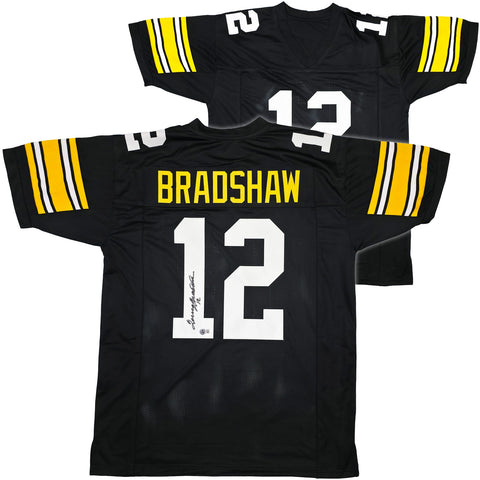 STEELERS TERRY BRADSHAW AUTOGRAPHED SIGNED BLACK JERSEY BECKETT WITNESS 239865