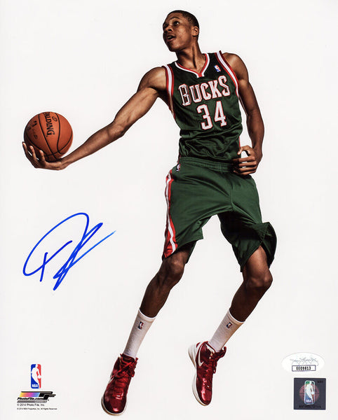 Giannis Antetokounmpo Signed Bucks Holding Ball Pose 8x10 Photo - (JSA COA)