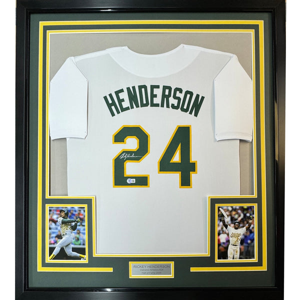 Framed Autographed/Signed Rickey Henderson 35x39 White Jersey BAS COA