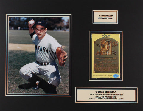 Yogi Berra Signed Yankees 14x18 Custom Matted 8x10 Photo & Signed HOF Postcard