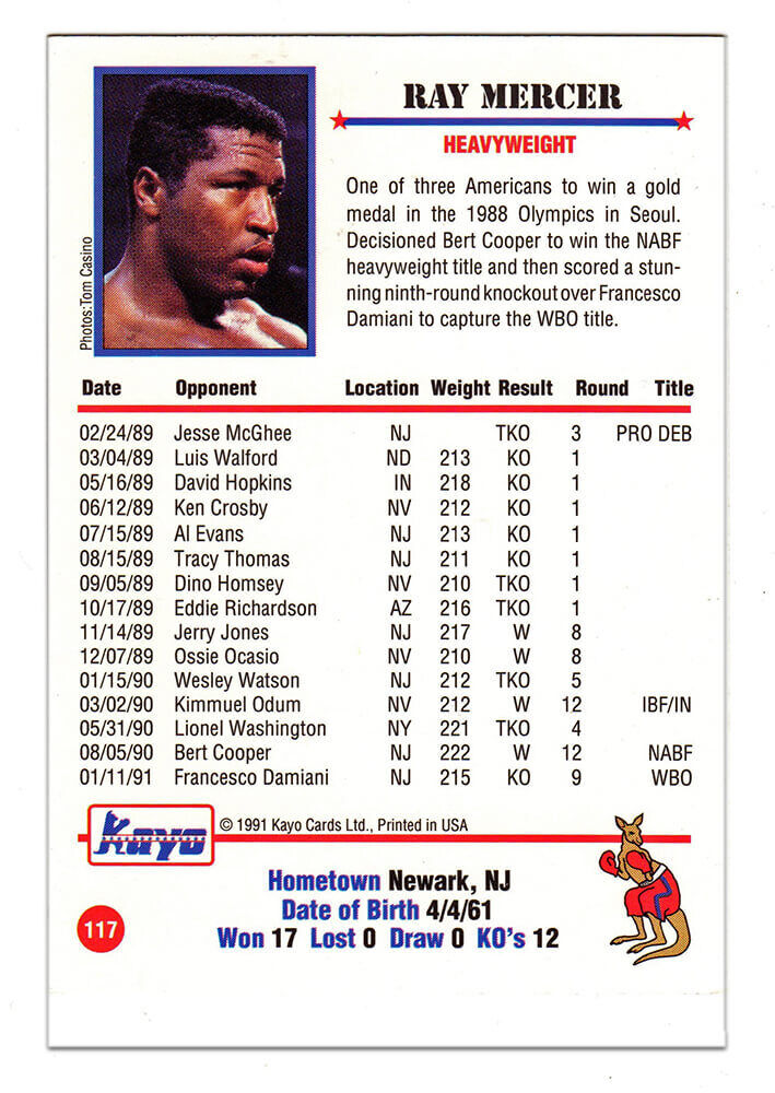 Ray Mercer Autographed 1991 Kayo Boxing Trading Card #117 - SS COA ...