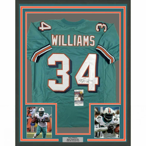 FRAMED Autographed/Signed RICKY WILLIAMS 33x42 Miami Teal Jersey JSA COA Auto