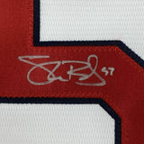 FRAMED Autographed/Signed SHANE BIEBER 33x42 Indians Majestic Jersey JSA COA