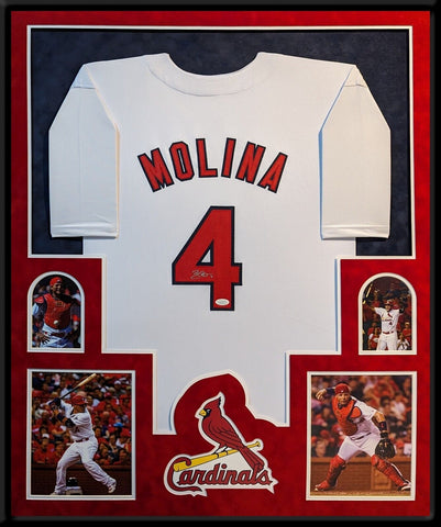 FRAMED IN SUEDE ST LOUIS CARDINALS YADIER MOLINA AUTOGRAPHED JERSEY JSA COA