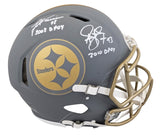 Steelers Harrison & Polamalu Signed Slate F/S Speed Proline Helmet W/ Case BAS W