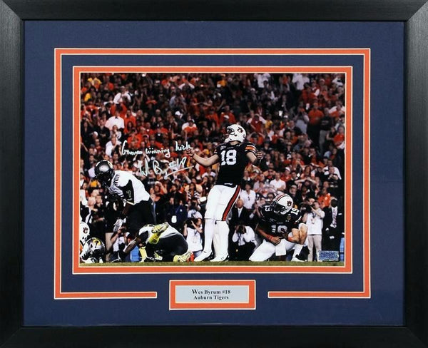 WES BYRUM AUTOGRAPHED AUBURN TIGERS BCS KICK 11x14 FRAMED PHOTO COA