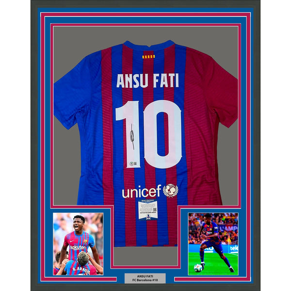 Framed Autographed/Signed Ansu Fati 35x39 FC Barcelona Blue Jersey BAS COA