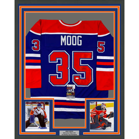 Framed Autographed/Signed Andy Moog 35x39 Edmonton Blue Hockey Jersey JSA COA