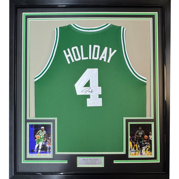 Framed Autographed/Signed Jrue Holiday 35x39 Boston Green Jersey JSA COA