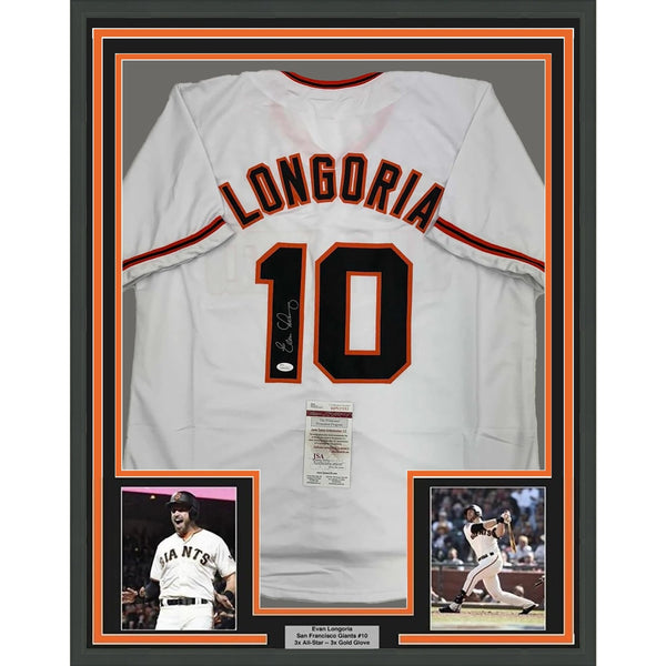 Framed Signed Evan Longoria 35x39 San Francisco White Jersey JSA COA