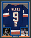Framed Autographed/Signed Clark Gillies HOF 35x39 New York Blue Jersey JSA COA