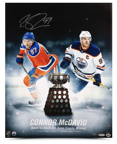 Connor McDavid Autographed "Back to Back Art Ross" 16" x 20" Photo UDA LE 97