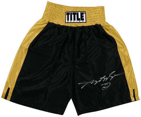 Sugar Ray Leonard Signed Title Black With Gold Trim Boxing Trunks (SCHWARTZ COA)
