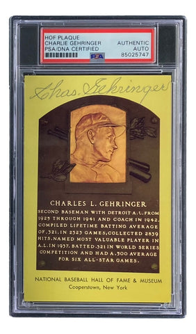 Charlie Gehringer Signed 4x6 Detroit Tigers HOF Plaque Card PSA 85025747