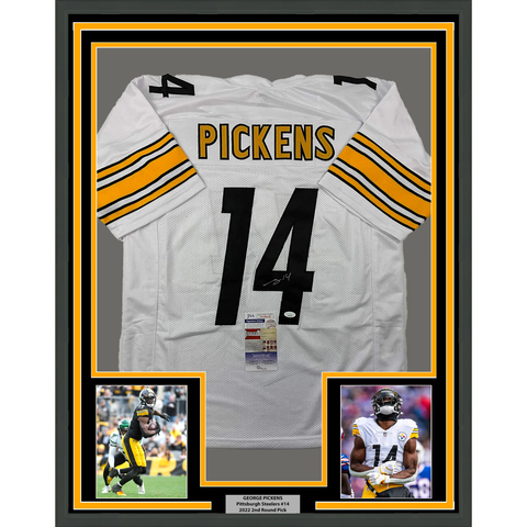 Framed Autographed/Signed George Pickens 33x42 Pittsburgh White Jersey JSA COA