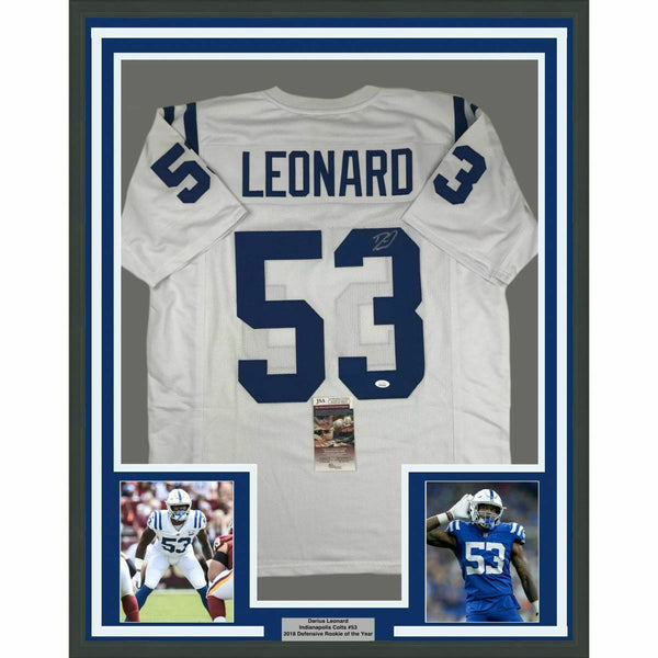 FRAMED Autographed/Signed DARIUS LEONARD 33x42 Indianapolis White Jersey JSA COA