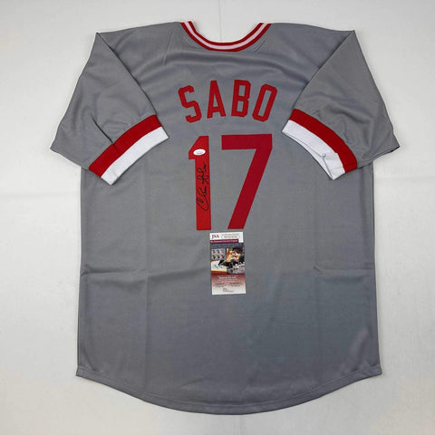 Autographed/Signed Chris Sabo Cincinnati Grey Baseball Jersey JSA COA