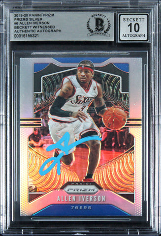 76ers Allen Iverson Signed 2019 Panini Prizm Silver #6 Card Auto 10! BAS Slabbed
