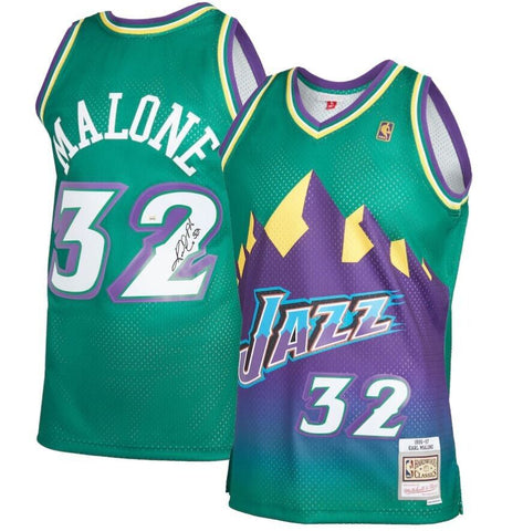Karl Malone Jazz Autographed Green Mitchell & Ness Basketball Jersey JSA COA
