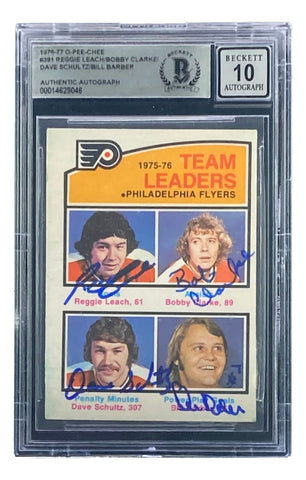 Leach Clarke Schultz Barber Signed 1976-77 OPC #391 Flyers Card BAS Auto 10