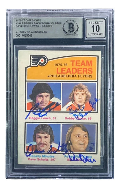 Leach Clarke Schultz Barber Signed 1976-77 OPC #391 Flyers Card BAS Auto 10