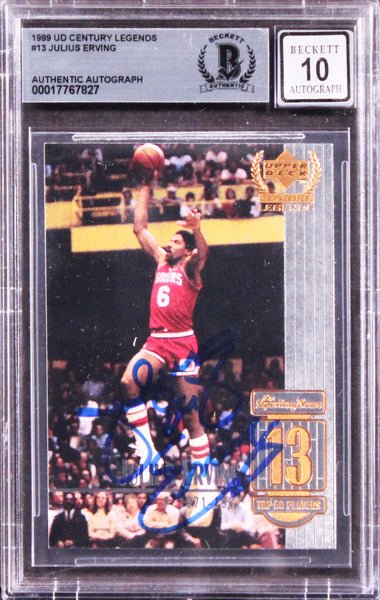 76ers Julius Erving Signed 1999 UD Century Legends #13 Card Auto 10! BAS Slabbed