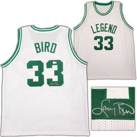 BOSTON CELTICS LARRY BIRD AUTOGRAPHED WHITE JERSEY BECKETT BAS STOCK #203448