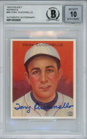 Tony Cuccinello Autographed 1933 Goudey Reprint #99 Card Beckett 10 Slab 38428