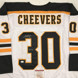 Autographed/Signed GERRY CHEEVERS HOF 85 Boston White Hockey Jersey JSA COA Auto