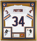 Walter Payton Signed 33x37 Custom Framed Cut Display w/ Jersey & Bears Pins PSA